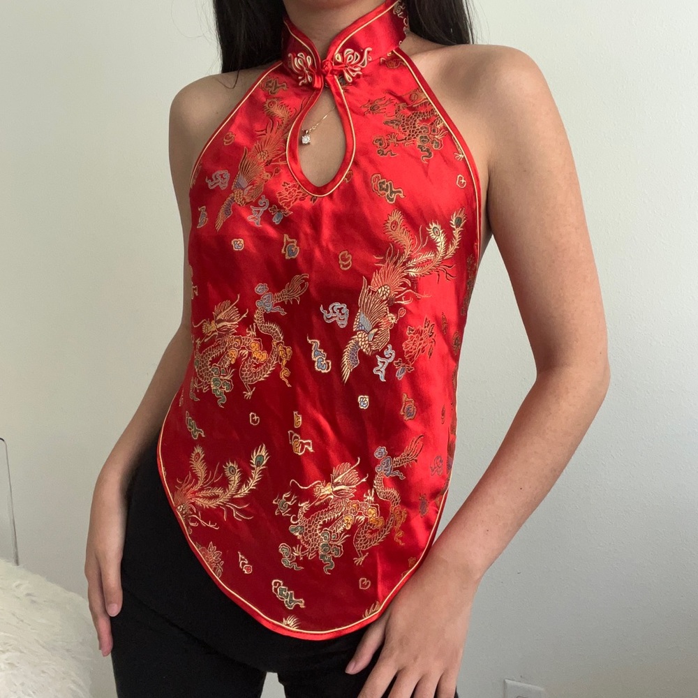 Chinese Inspired Red Halter Crop Top
